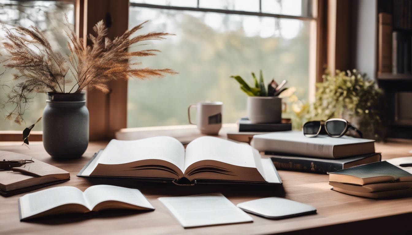 Een stapel motiverende boeken omringd door inspirerende citaten en natuurlijke foto