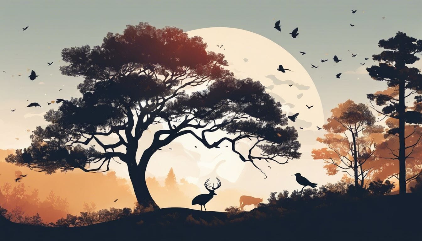 Een enkele boom in een rustig, ongerept bos, met zonlicht dat door het dichte bladerdak filtert.