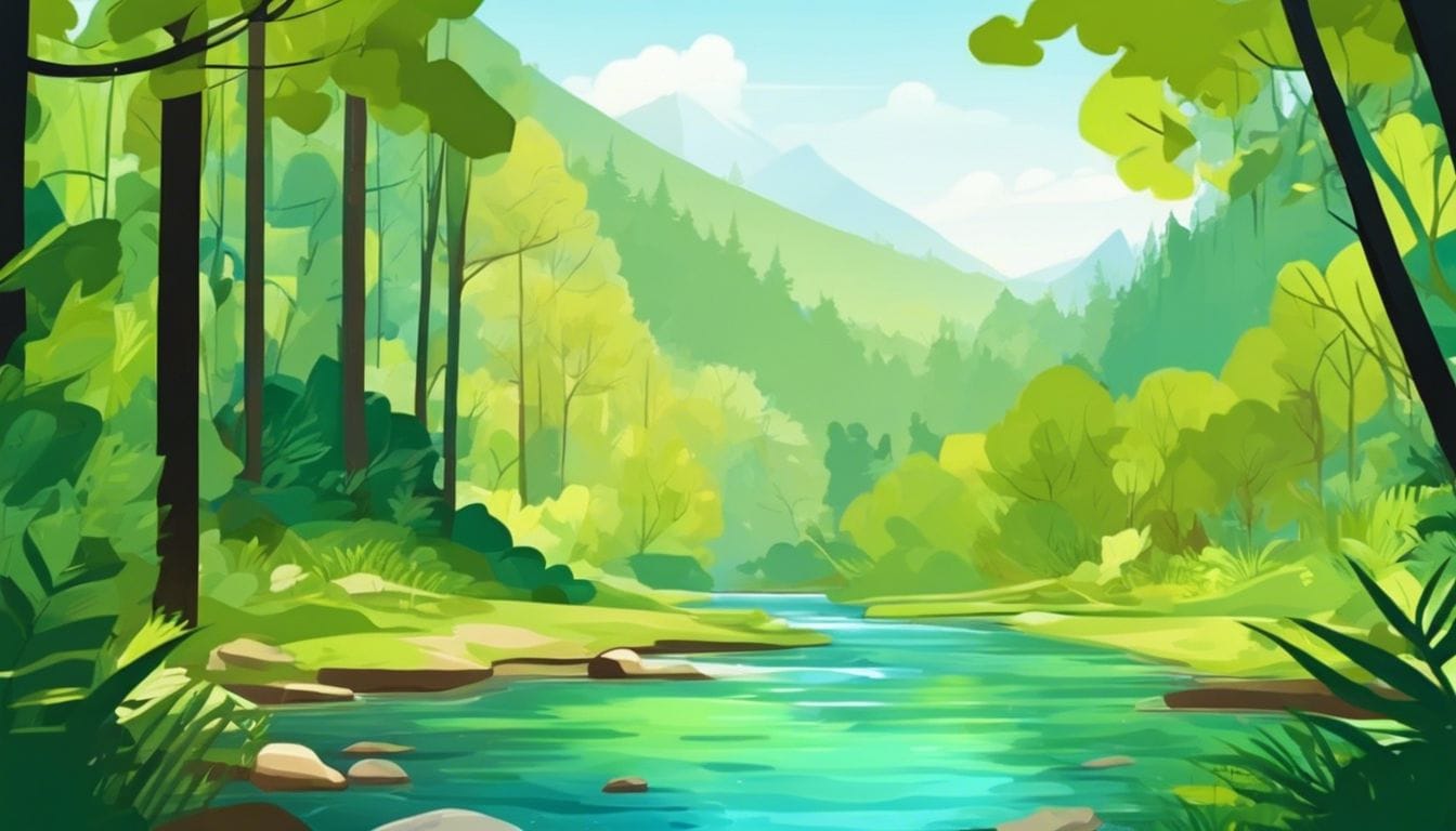 Een rustig bos met een kabbelende beek en groene bladeren.