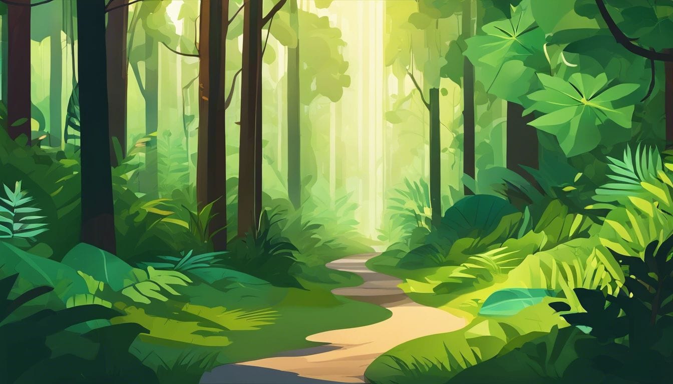 Een slingerend pad door een dicht bos, met zonlicht filtering.