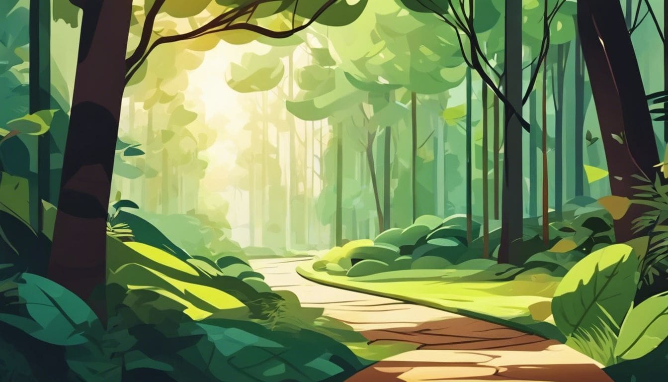 Een slingerend pad door een vredig bos, met zonlicht en groen.