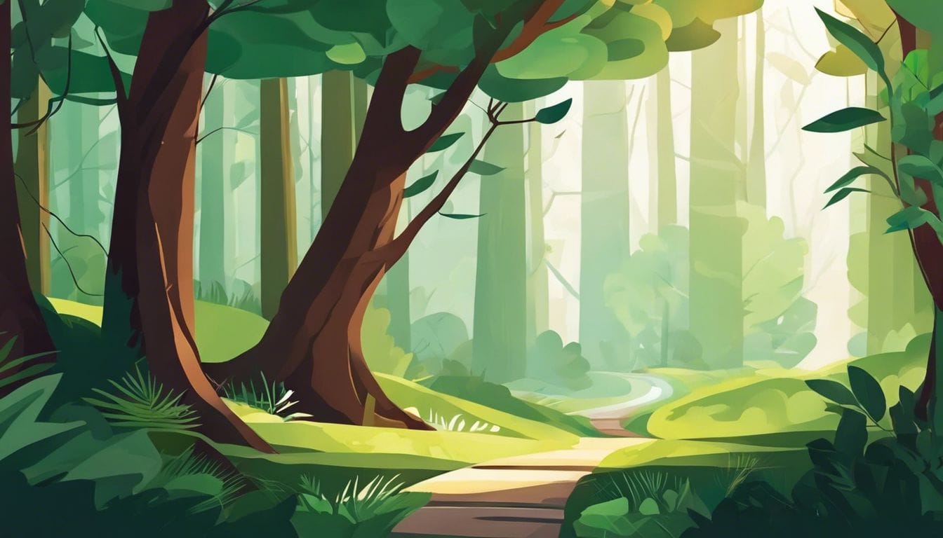 Een vredig bos met kronkelend pad en weelderige begroeiing.