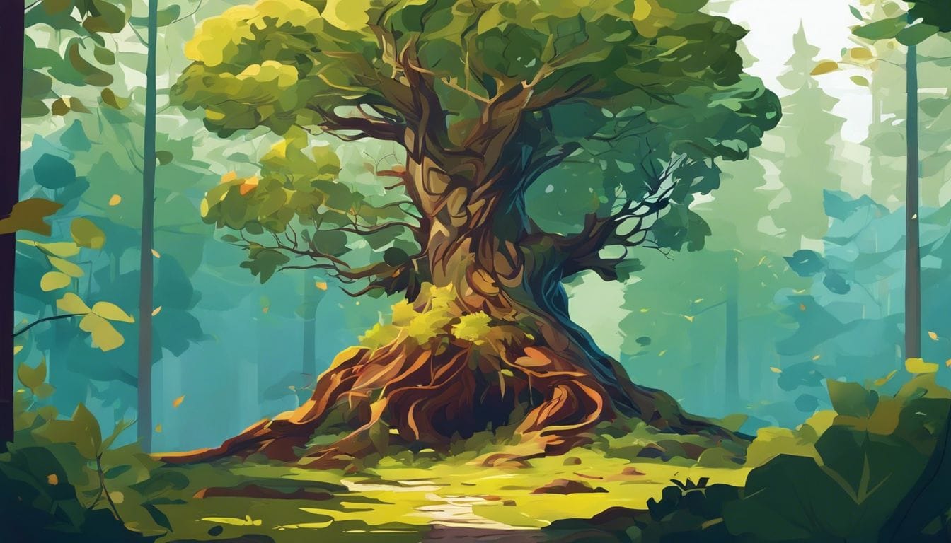 Een enkele boom met diepe wortels staat hoog in een rustig bos.