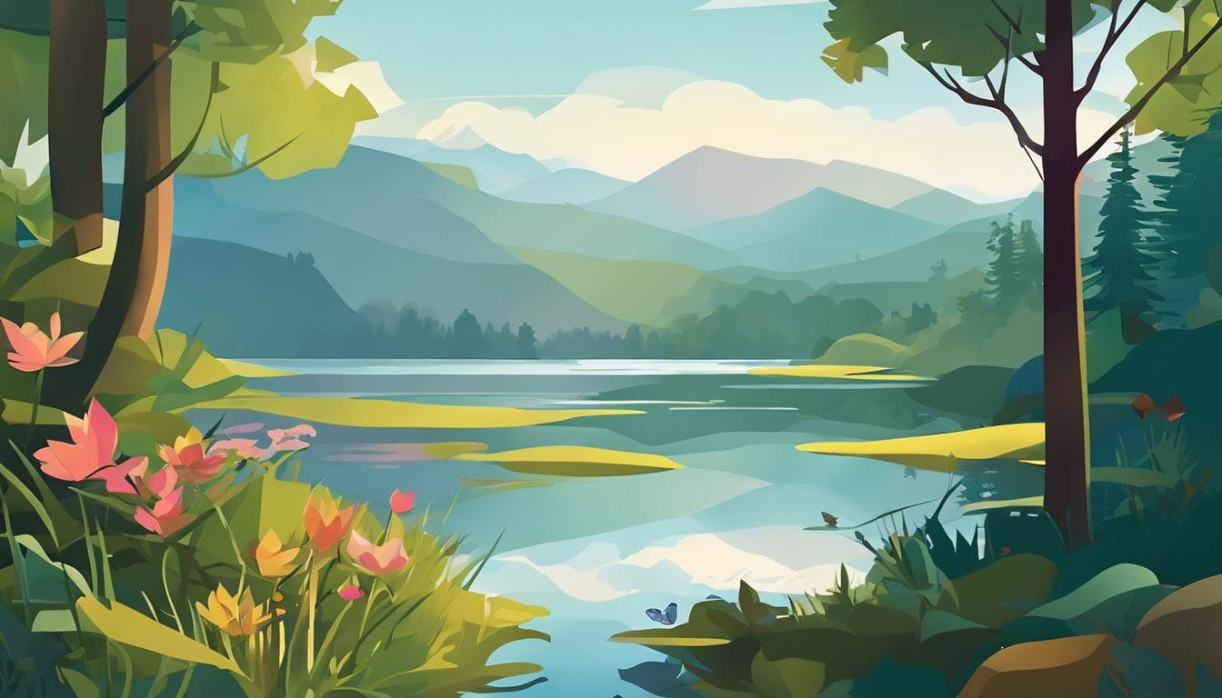 Een flat design boekomslag omringd door serene natuur en diverse flora en fauna.