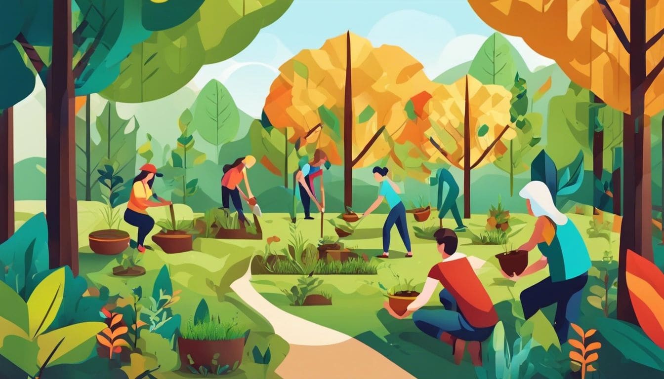 Diverse groep mensen plant bomen in gemeenschappelijke tuin.
