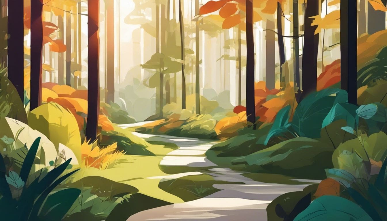 Een vredig bos met een kronkelend pad naar het licht.