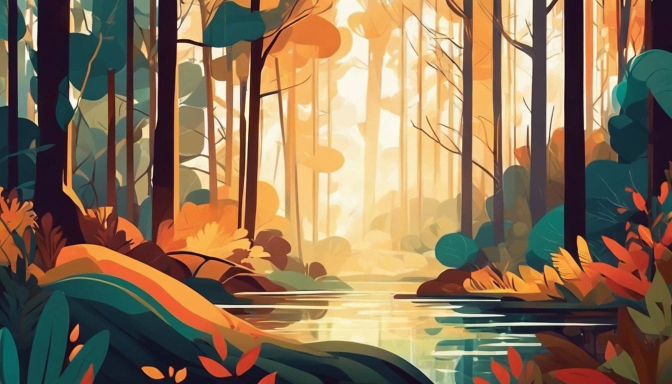Een vredig bos met zonlicht en levendige kleuren van flora en fauna.