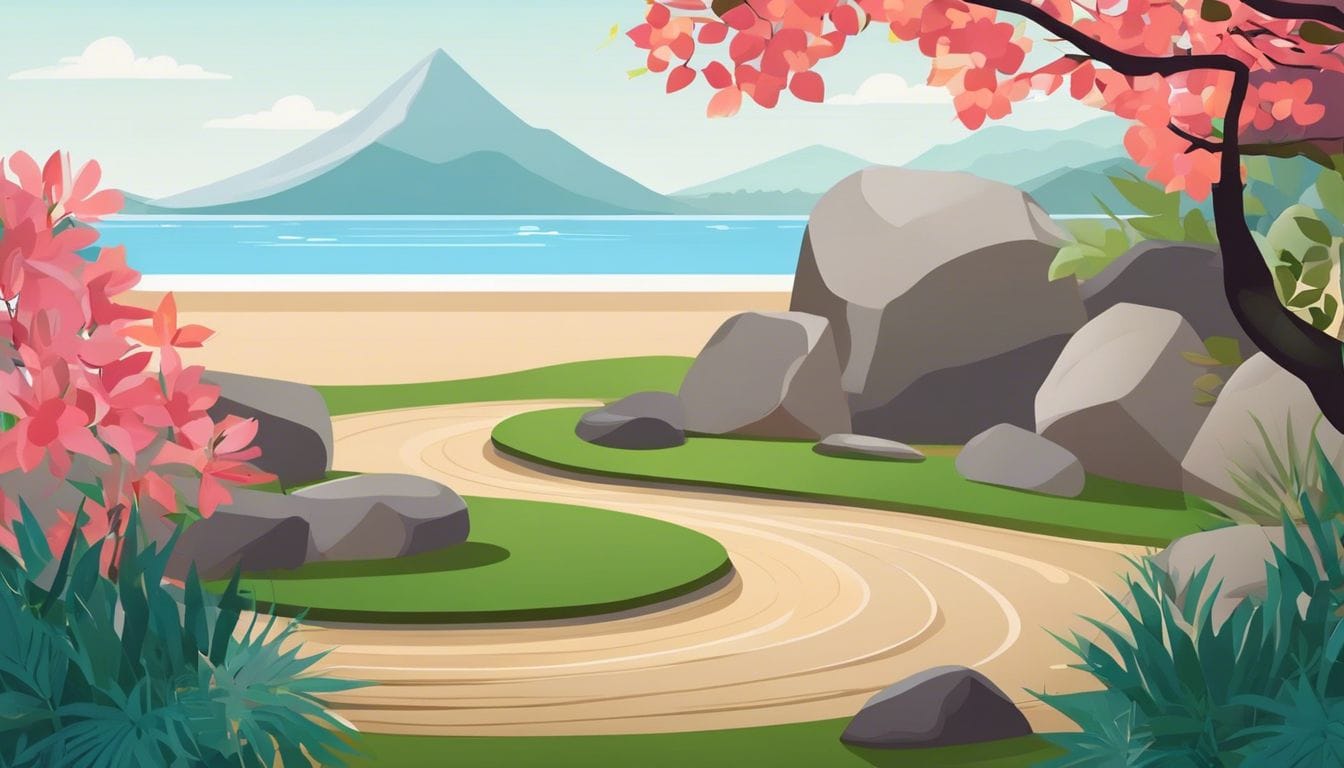 Een vredige Zen-tuin met zorgvuldig gerangschikte rotsen en geharkt zand.