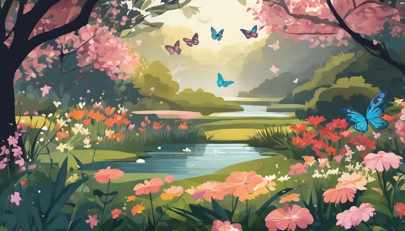 Een vredige tuin vol delicate bloemen en vlinders, zonder mensen.