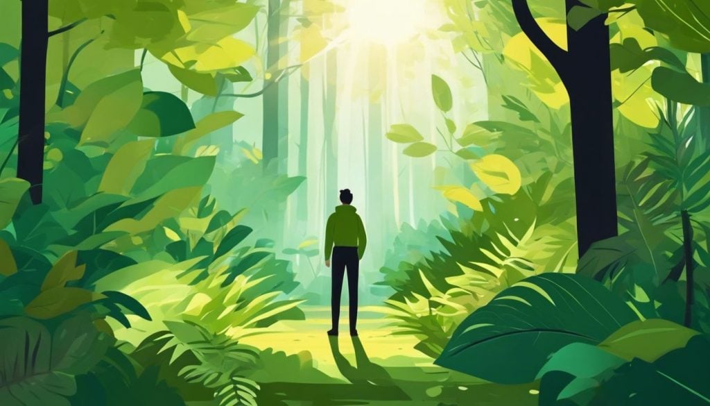 Een persoon staat in een weelderig groen bos.