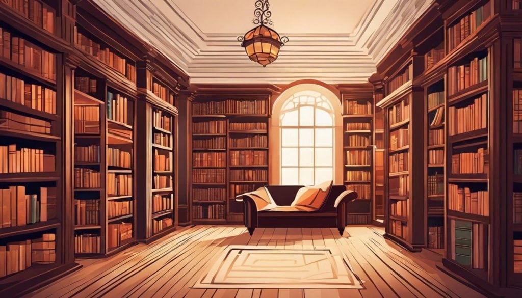 Een rustige bibliotheek met oude en moderne spirituele teksten.