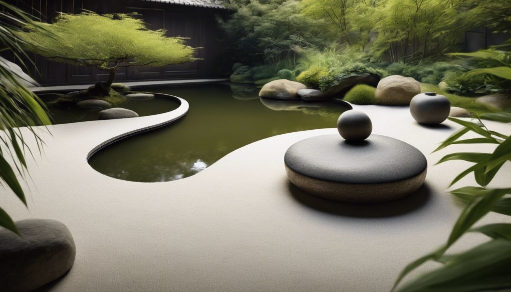 Een rustige Zen-tuin met evenwichtige yin en yang elementen en natuurlijke elementen.