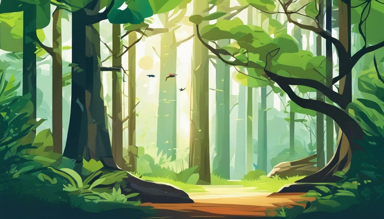 Een vredig bos met Griekse mythologische namen in boomstammen gebeeldhouwd. Een vredig bos met Griekse mythologische namen in boomstammen gebeeldhouwd.