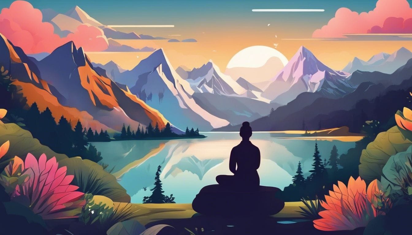 Iemand mediterend in een rustig berglandschap, eenheid met de natuur.