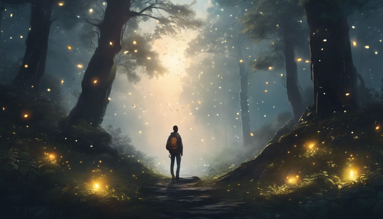Een persoon staat in een vredig, magisch bos omringd door oude bomen en glimmende vuurvliegjes. Een persoon staat in een vredig, magisch bos omringd door oude bomen en glimmende vuurvliegjes.