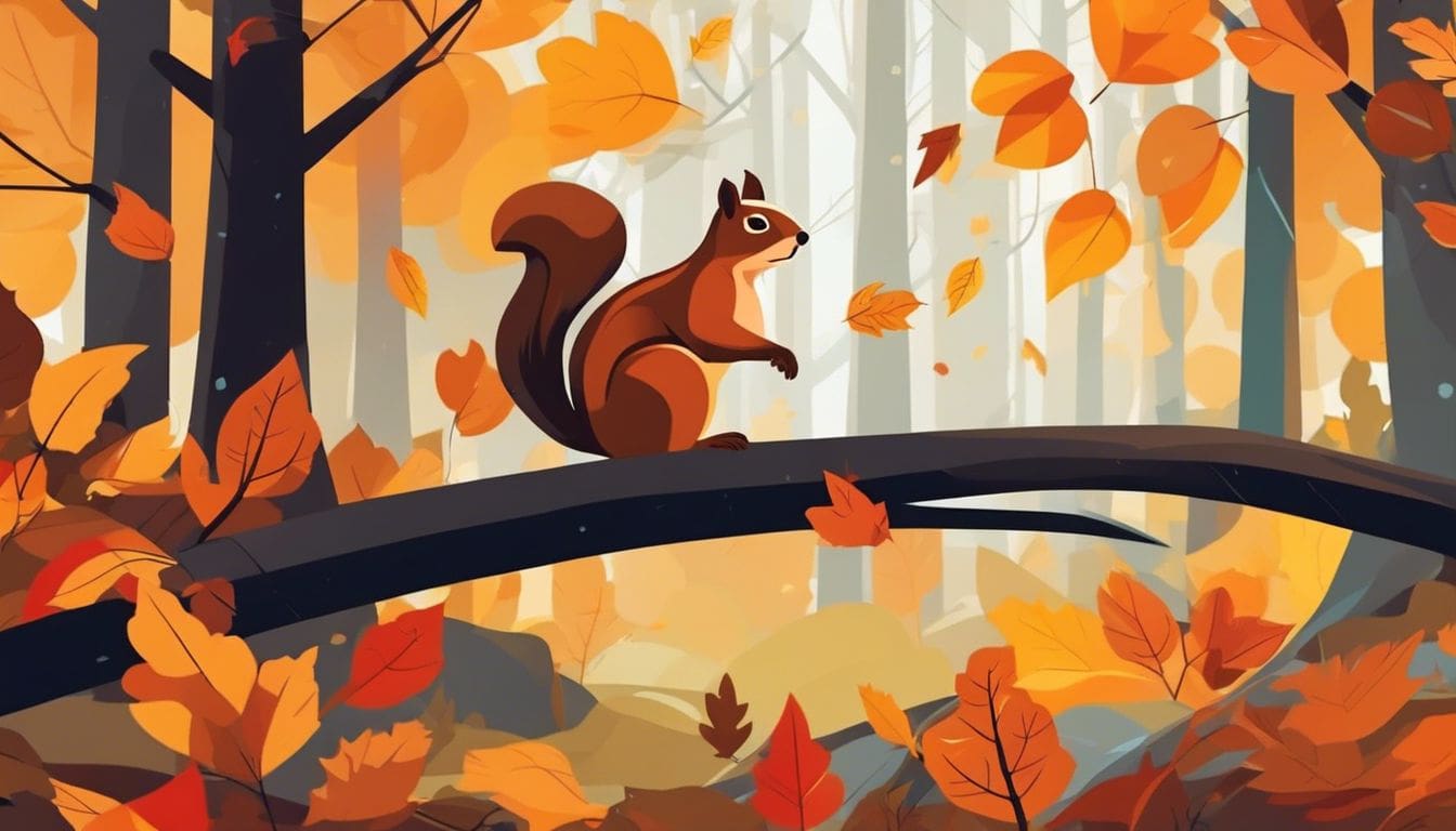 Een nieuwsgierige eekhoorn verkent een vredig herfstbos.