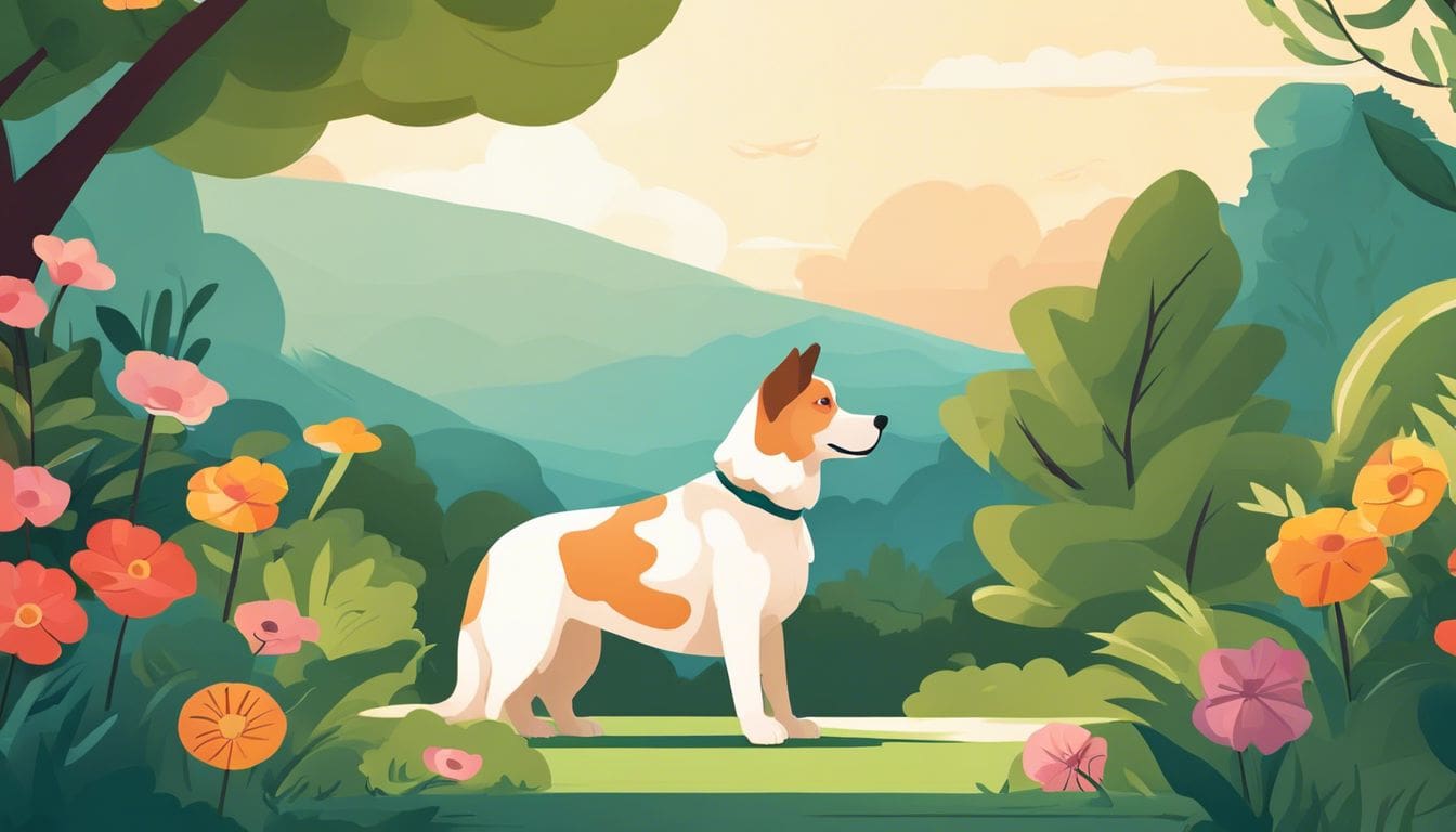 Een rustige hond zittend in een serene tuin met bloemen en groen.