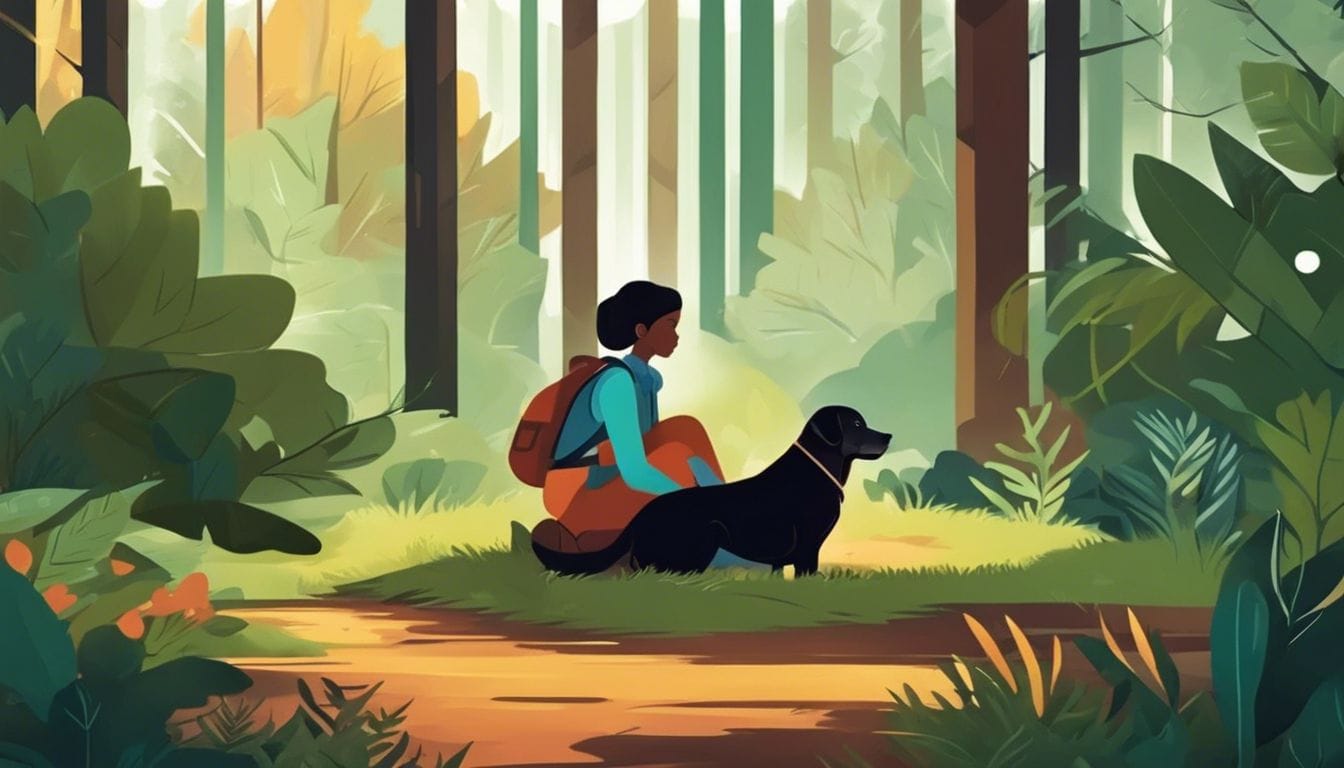 Een persoon zit met hun hond in een rustige bosweide, omringd door de natuur.