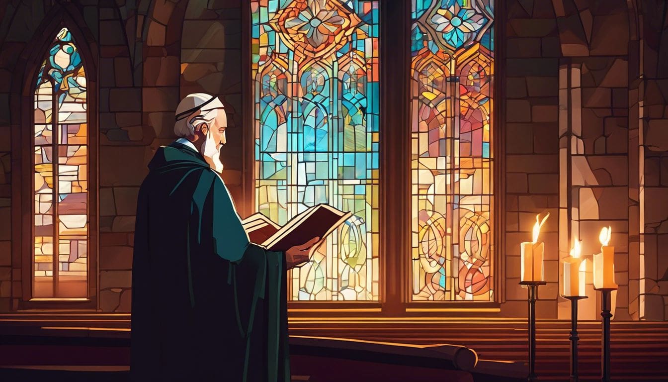 Een religieuze leider leest uit een heilig geschrift in een historische kerk. Een religieuze leider leest uit een heilig geschrift in een historische kerk.