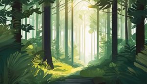 Een straal van goddelijk licht schijnt in een vredige bosopruiming.