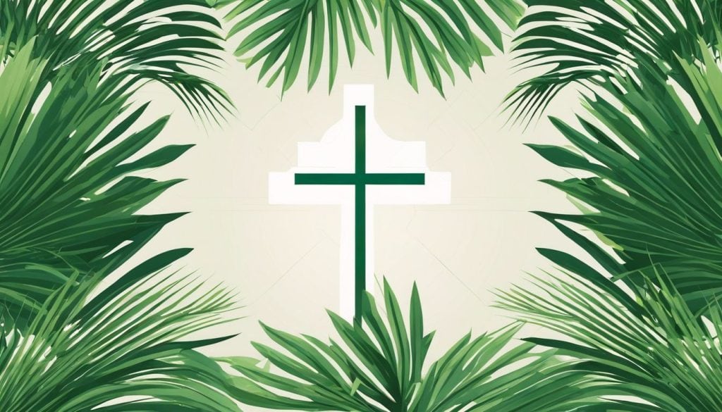 Een mystiek kruissymbool op een palmblad in een vredige tuin.