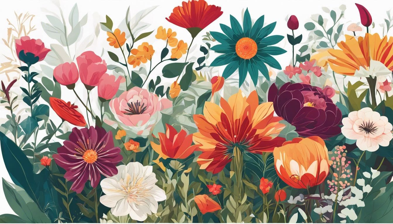 Een bloeiende tuin met drie verschillende soorten bloemen in levendige kleuren. Een bloeiende tuin met drie verschillende soorten bloemen in levendige kleuren.