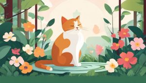Een vredige kat mediteert in een serene tuin, omringd door bloeiende bloemen en weelderig groen.