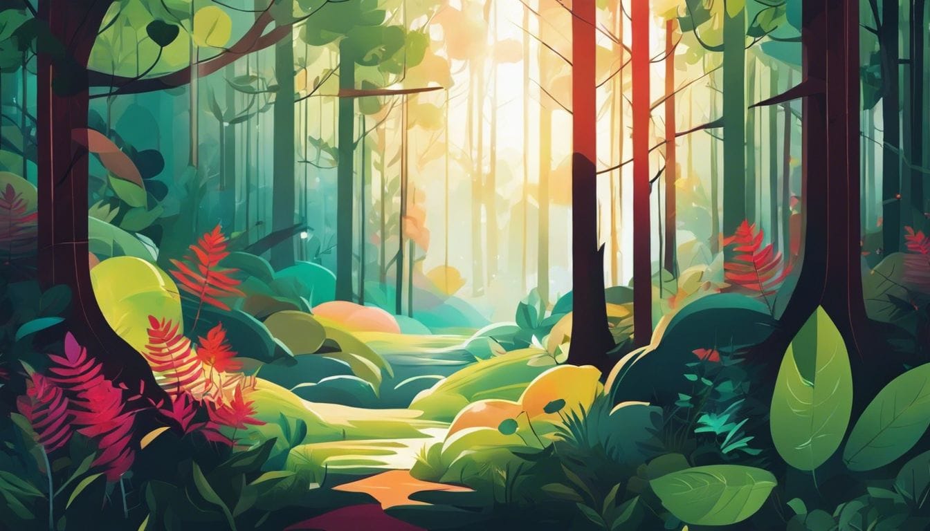Een mystiek bos met levendige flora en fauna creëert een betoverende sfeer. Een mystiek bos met levendige flora en fauna creëert een betoverende sfeer.