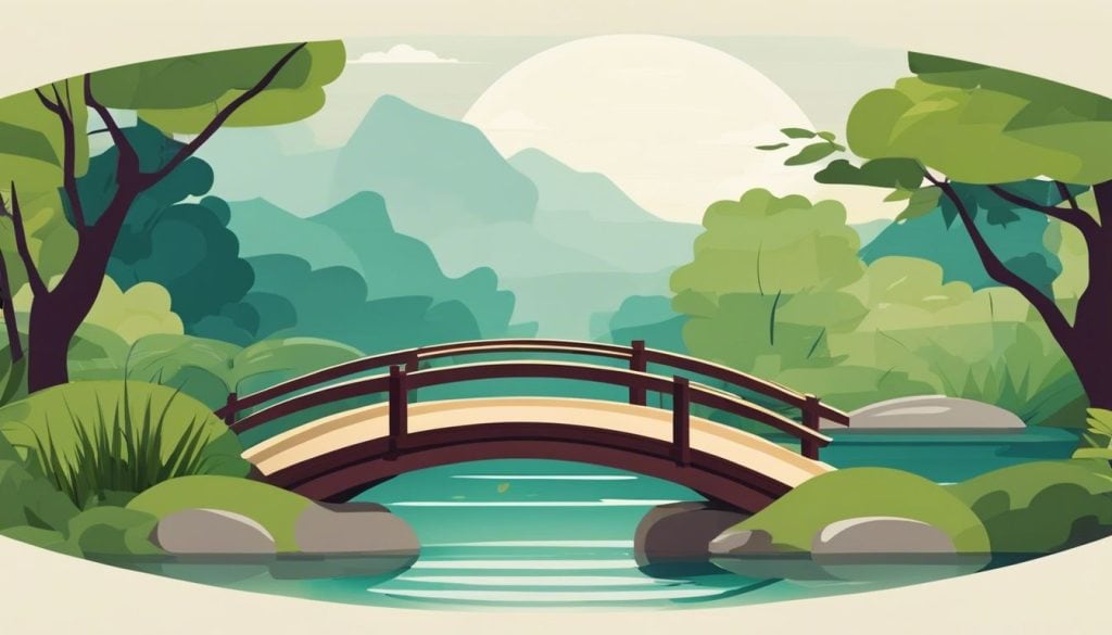 Een vredige Zen-tuin met een kronkelend pad, weelderig groen en een serene vijver.