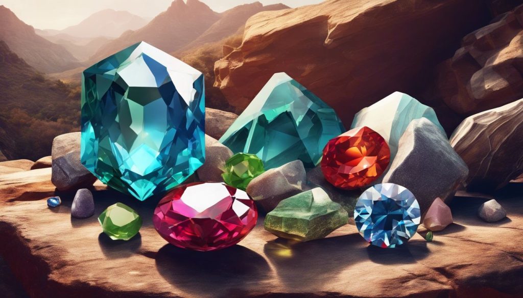 Een verzameling glinsterende edelstenen te midden van natuurlijke rotsformaties.