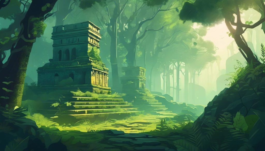 Een mystiek bos met oude ru&iuml;nes en weelderige begroeiing.