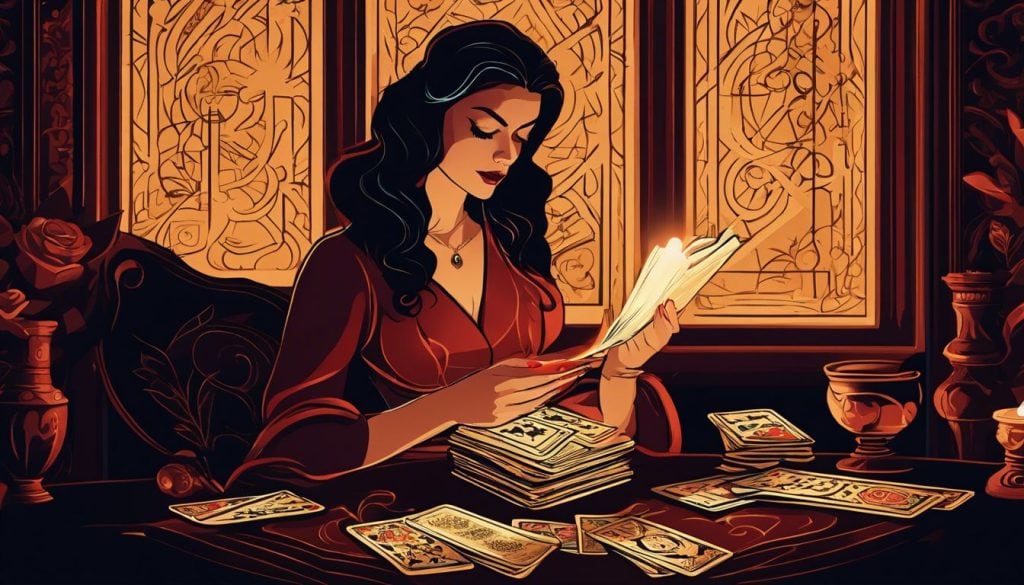 Een krachtige vrouw leest tarotkaarten in een schemerige kamer.