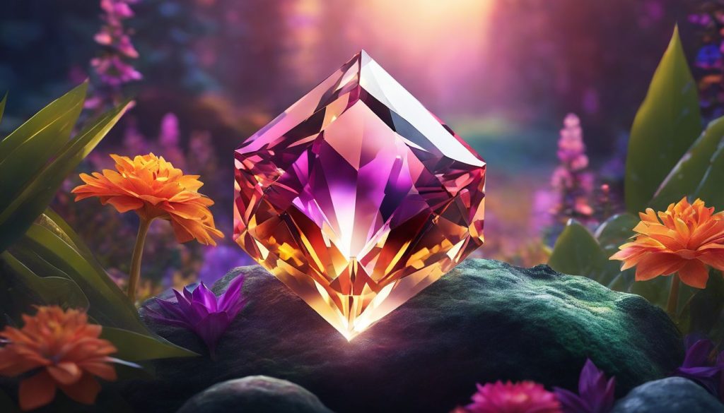 Een sprankelende topaas edelsteen omringd door natuurlijke kristallen en flora.