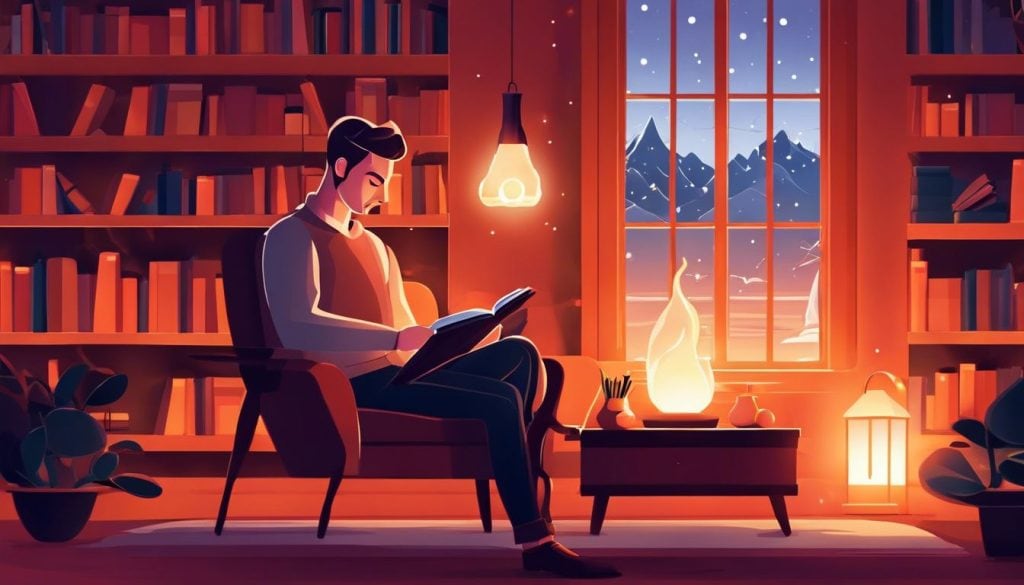 Een persoon leest in een gezellige kamer met een zoutlamp.