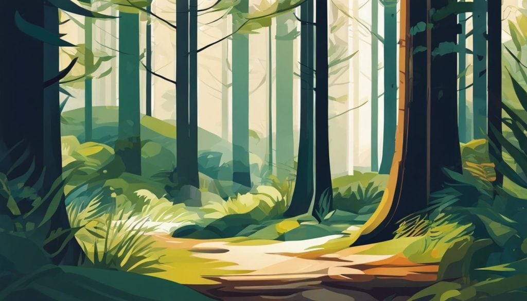 Een afgelegen bos met zonlicht en gedetailleerde flora en fauna.