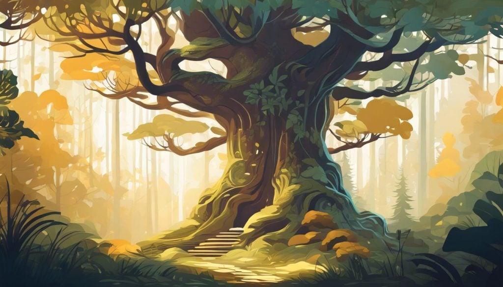 Een mystiek bos met oude bomen en levendige flora en fauna.