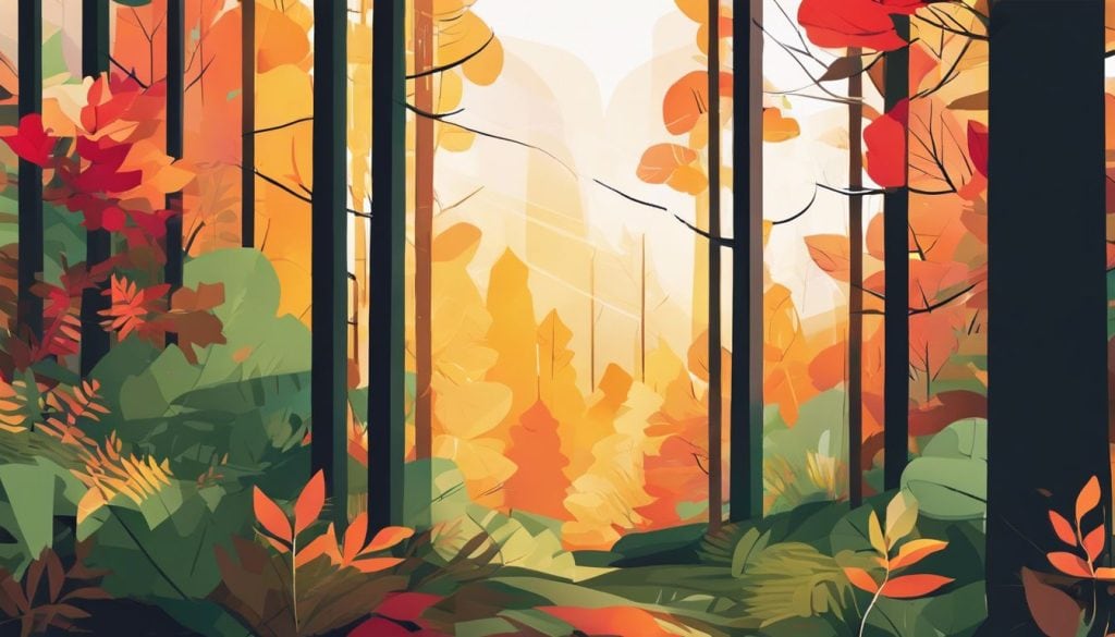 Een vreedzaam bos met zonlicht, kleurrijke bladeren en rustgevende sfeer.