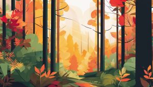 Een vreedzaam bos met zonlicht, kleurrijke bladeren en rustgevende sfeer.