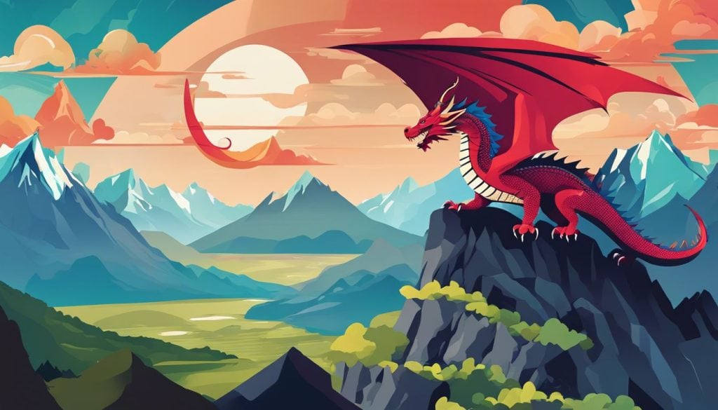 Een majestueuze draak op een hoge bergtop, met een indrukwekkende schubben en intense blik.