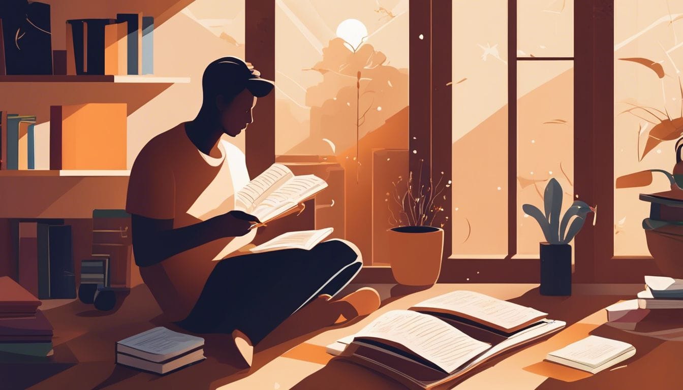 Een persoon zit in een kamer omringd door numerologie boeken en grafieken.