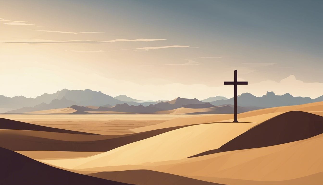 Een eenzame kruis in een verlaten woestijn met hoge zandduinen op de achtergrond.
