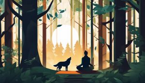Een persoon mediteert in een rustig bos met een wolf.