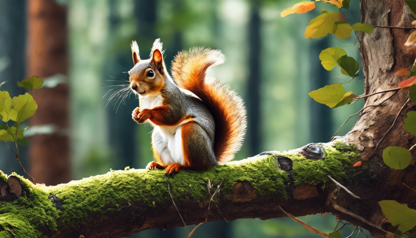 Een nieuwsgierige eekhoorn zit op een boomtak in een dicht bos.