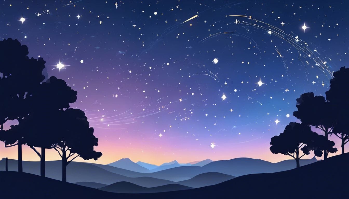 Een vredige nachtelijke hemel gevuld met sterren, melkweg en sterrenbeelden.