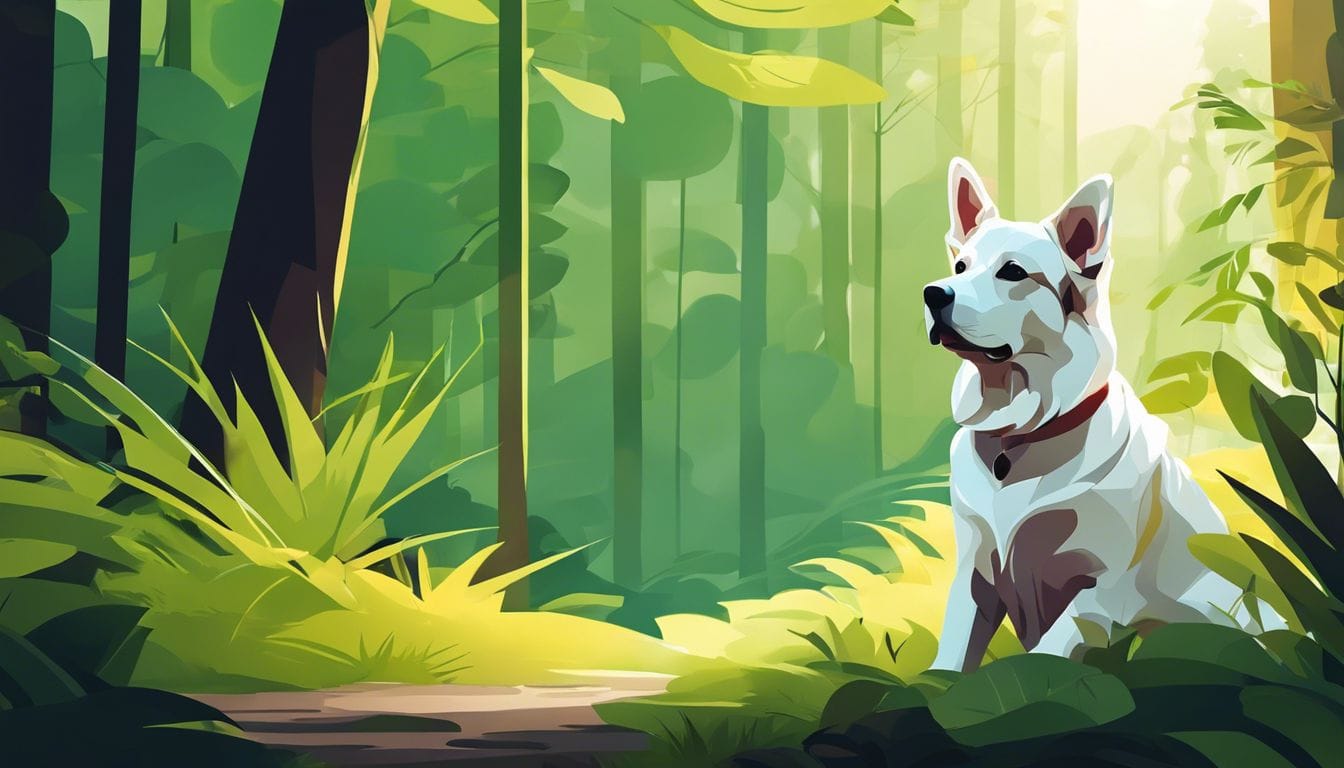 Een rustige hond zittend in een weelderig bos, omgeven door groen.