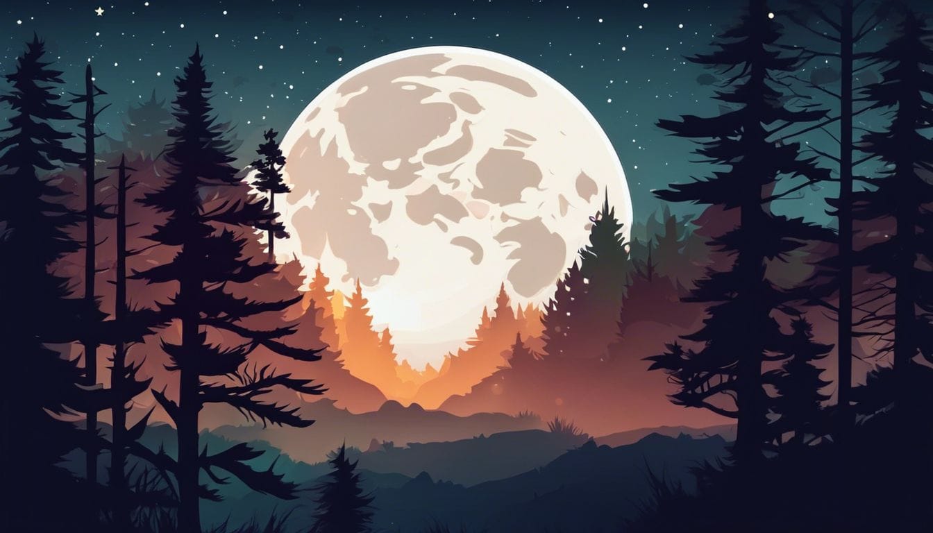 De maan schijnt over een rustig bos in de nacht.