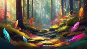 Een verzameling kleurrijke veren verspreid over een mosachtige bosbodem.'