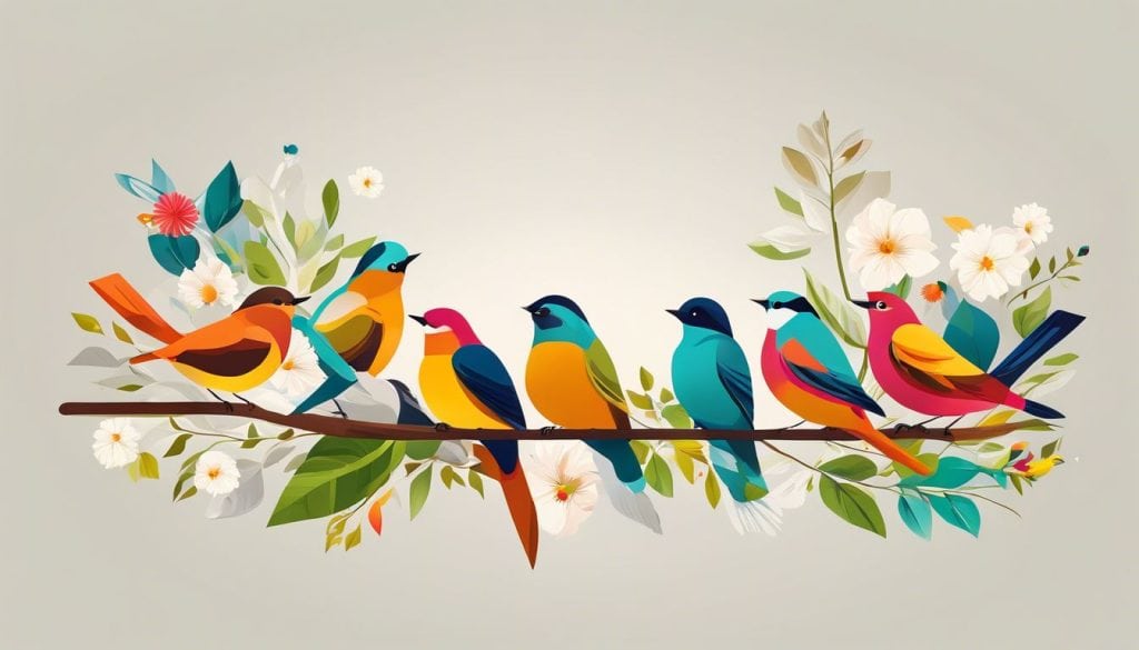 Een kleurrijke groep vogels zit op een tak in de natuur.
