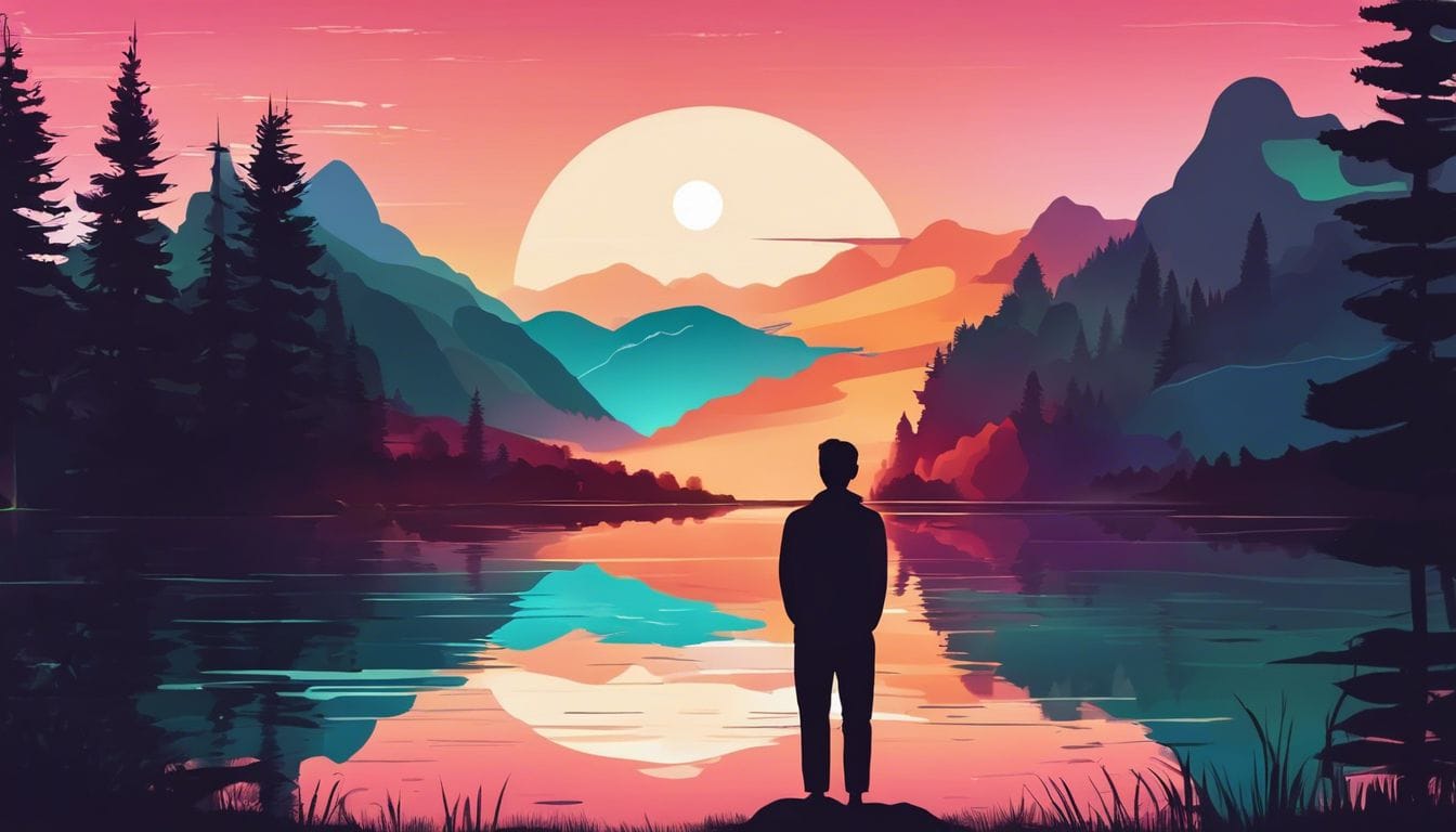 Een persoon in meditatieve houding, omringd door de natuur bij een meer bij zonsondergang.