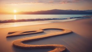 Het nummer 2222 geschreven in het zand op een rustig strand.
